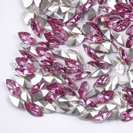Pointed Back Resin Rhinestone Cabochons, Back Plated, Faceted, Horse Eye, Rose, 9.5~10×4.5~5×3.5mm; about 1200pcs/bag