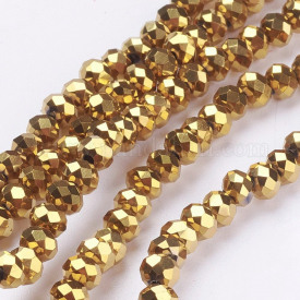 Electroplate Glass Bead Strands, Faceted, Rondelle, Golden Plated, 4x3mm, Hole: 1mm; about 140~145pcs/strand, 18.1″