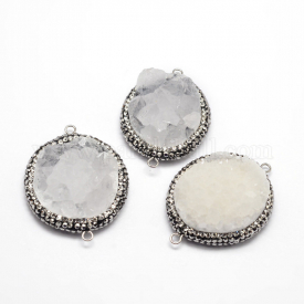 Oval Natural Druzy Crystal Links/Connectors, with Polymer Clay Rhinestone and Platinum Tone Brass Findings, 36~41×23~31×10~13mm, Hole: 1.5mm
