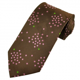 Chocolate Brown & Pink Star Patterned Men’s Silk Tie