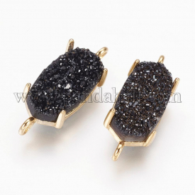 Natural Druzy Agate Links/Connectors, with Real 18K Gold Plated Brass Findings, Dyed, Oval, Black, 19x7x4.5mm, Hole: 1mm