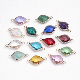 Brass Glass Links/Connectors, Faceted, Leaf, Light Gold, Mixed Color, 24~24.5x13x5.5~6mm, Hole: 2mm