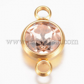 Glass Links, Faceted, with 304 Stainless Steel Findings, Flat Round, Golden, Light Peach, 17.5x10x6.5mm, Hole: 2.5mm