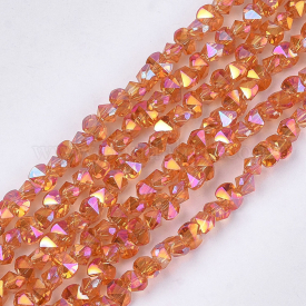 Electroplate Glass Beads Strands, Faceted, Diamond, Coral, 4~4.5×3~3.5×3.5mm, Hole: 1mm; about 150pcs/strand, 17.3”