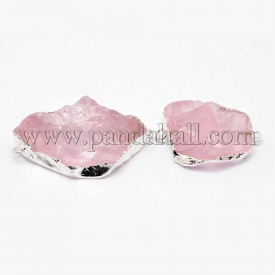 Natural Madagascar Rose Quartz Crystal Links, Nuggets, with Bass Findings, Silver, 32~42×24~28x9mm, Hole: 2mm