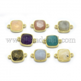 Natural Mixed Stone Links/Connectors, with Golden Tone Brass Findings, Square, Faceted, 16x11x5mm, Hole: 1.2mm