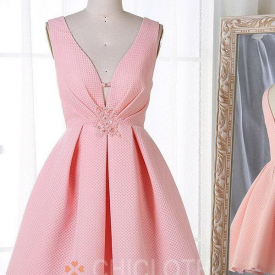 A-Line Deep V-Neck Short Pink Lace Homecoming Dress with Appliques-Cheap Casual Dresses