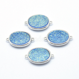Druzy Resin Links, with Brass Findings, Oval, Dyed, SkyBlue, 21.5×13.5×4~5mm, Hole: 1mm