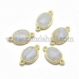 Natural Blue Lace Agate Links/Connectors, with Golden Tone Brass Findings, Oval, Faceted, 17×9.5×4.5mm, Hole: 1.2mm