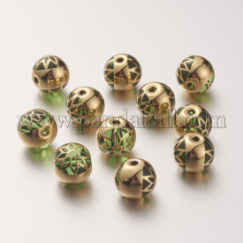 K9 Glass Beads, Covered with Brass, Round with Teardrop Pattern, Real Gold Plated, LawnGreen, 10.2×9.2mm, Hole: 1.5mm