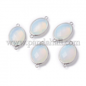 Platinum Tone Brass Opalite Links/Connectors, Faceted, Oval, 26.5x15x6mm, Hole: 1~2mm