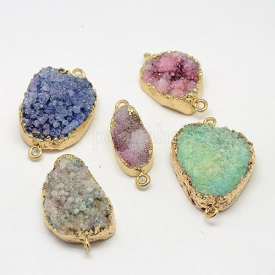 Electroplate Natural Dyed Drusy Crystal Links/Connectors, with Brass Findings, Mixed Shapes, Mixed Color, Golden, 32~60×12~35×9~13mm, Hole: 2mm