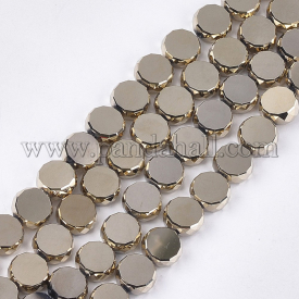 Electroplate Glass Beads Strands, Faceted, Flat Round, Tan, 10×4.5~5mm, Hole: 1mm; about 60pcs/strand, 23.4”