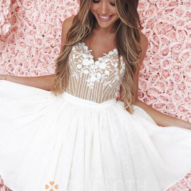 A-Line Spaghetti Straps White Satin Homecoming Dress with Appliques-Cheap Casual Dresses