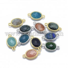 Natural Mixed Gemstone Links/Connectors, with Brass Findings, Faceted, Oval, Platinum & Golden, 17~17.5×9.5×3.5~4.5mm, Hole: 1.4mm