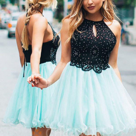 A-Line Halter Black Tulle Homecoming Party Dress with Beading-Cheap Casual Dresses