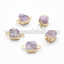 Natural Druzy Quartz Links, with Brass Findings, Square, Golden, Thistle, 14~16×9~10×6~8mm, Hole: 2mm