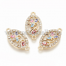 Alloy Rhinestone Links/Connectors, with Enamel, Oval with Evil Eye, Light Gold, 26×13.5×2.5mm, Hole: 1.8mm