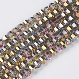 Electroplate Glass Beads Strands, Faceted, Rondelle, Half Plated, Golden Plated, 8x6mm, Hole: 1.2mm; about 78~79pcs/strand, 18.9″(48cm)