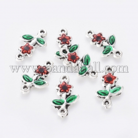 Alloy Links/Connectors, with Enamel, Flower, Red & Green, Antique Silver, 17x10x1.5mm, Hole: 0.8mm