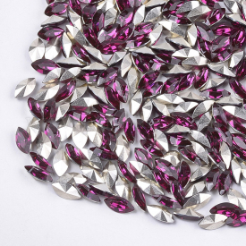 Pointed Back Resin Rhinestone Cabochons, Back Plated, Faceted, Horse Eye, Fuchsia, 5.5~6×2.5~3×2.5~3mm; about 5000pcs/bag