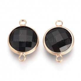 Glass Links/Connectors, with Unplated Brass Findings, Faceted, Flat Round, Nickel Free, Black, 21.5×14.5x5mm, Hole: 2.5mm