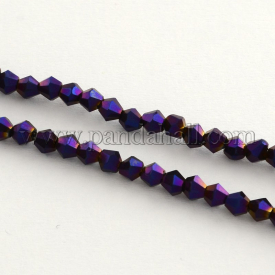 Electroplate Glass Bead Strands, Rainbow Plated, Faceted Bicone, Purple Plated, 4×4.5mm, Hole: 1mm; about 104pcs/strand, 18″