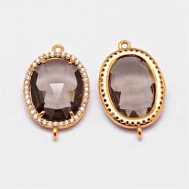 Brass Glass Links/Connectors, with Cubic Zirconia, Oval, Golden, Camel, 25x17x6mm, Hole: 1.5mm