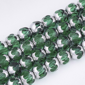Electroplate Glass Beads Strands, Half Silver Plated, Faceted, Round, Green, 8~8.5×7~8mm, Hole: 1mm; about 40pcs/strand, 11.8″
