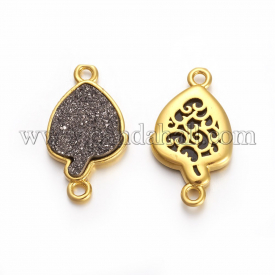 Brass Links/Connectors, with Druzy Resin, Golden Plated Color, Strawberry, Gray, 22×12.5x3mm, Hole: 1.7mm
