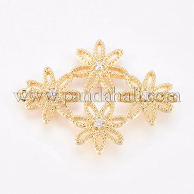 Brass Links, Nickel Free, with Cubic Zirconia, Rhombus with Flower, Real Gold Plated, 27x21x2mm, Hole: 0.8~1mm