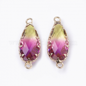 K9 Glass Links/Connectors, Imitation Tourmaline, with Golden Tone Brass Findings, Faceted, Drop, Purple, 28×10.5x6mm, Hole: 2mm