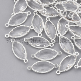 Glass Links, with Silver Plated Environmental Alloy Findings, Faceted, Horse Eye, Clear, 21x9x4mm, Hole: 1.2mm