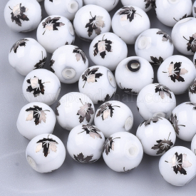 Electroplate Glass Beads, Round with Maple Leaf Pattern, CoconutBrown, 8~8.5mm, Hole: 1.5mm