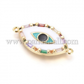 Brass Micro Pave Cubic Zirconia Links/Connectors, with Enamel, Long-Lasting Plated, Evil Eye, Colorful, Golden, 13×25.5x3mm, Hole: 1mm