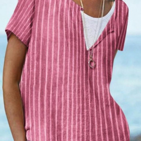 Stripe Casual Round Neckline Short Summer Tops For Women