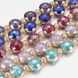 Opaque Glass Beads Strands, with Brass Findings, Pearl Luster Plated, Faceted, Flat Round, Golden, Mixed Color, 14x9mm, Hole: 1mm; about 10pcs/strand, 7.4″ (19cm)