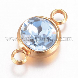 K9 Glass Links, Faceted, with 304 Stainless Steel Findings, Flat Round, Golden, Light Sapphire, 17.5x10x6.5mm, Hole: 2.5mm