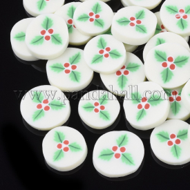 For Christmas Handmade Polymer Clay Cabochons, Flat Round with Holly Leaf, Turquoise, 9~11x2mm; about 4165pcs/1000g