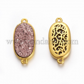 Brass Links, with Druzy Acrylic, Golden Plated Color, Long Oval, RosyBrown, 22x10x4mm, Hole: 1.2mm