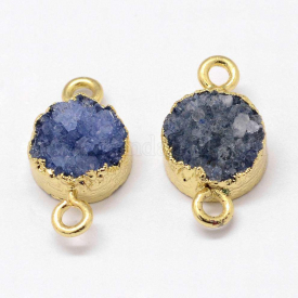 Electroplated Natural & Dyed Druzy Agate Links/Connectors, with Golden Plated Brass Findings, Flat Round, RoyalBlue, 16~18×10~10.5×6~7mm, Hole: 2mm