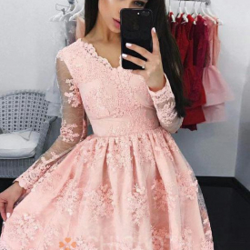 A-Line V-Neck Long Sleeves Short Pink Lace Homecoming Dress with Appliques-Cheap Casual Dresses
