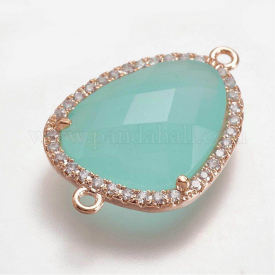 Brass Micro Pave Cubic Zirconia Links, with Imitation Jade Faceted Glass, Triangle, Light Gold, Turquoise, 23.5x15x5.5mm, Hole: 1mm