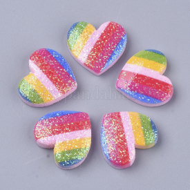 Resin Cabochons, with Sequins/Paillette, Heart, Colorful, 16x17x4mm
