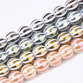 Electroplate Glass Beads Strands, Round with Stripe, Mixed Color, 10×9.5mm, Hole: 1.2mm; about 30pcs/strand, 11.2”