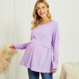 Maternity Round collar Plain Purple Long-sleeve Nursing Tee