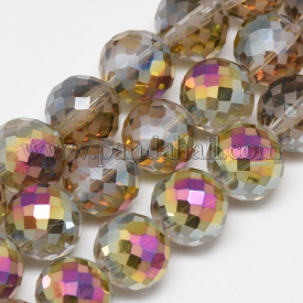 Electroplate Glass Beads Strands, Rainbow Plated, Frosted, Faceted, Round, Tan, 12mm, Hole: 1.5mm; about 50pcs/strand, 22.05″