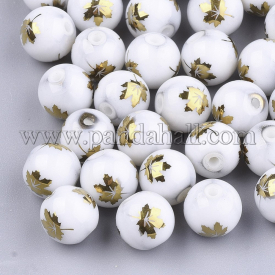 Electroplate Glass Beads, Round with Maple Leaf Pattern, Gold, 8~8.5mm, Hole: 1.5mm
