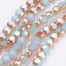 Electroplate Glass Beads Strands, Half Rainbow Plated, Faceted, Flat Round, DeepSkyBlue, 4x3mm, Hole: 1mm