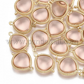 Glass Links/Connectors, with Brass Findings, Drop, Golden, LightSalmon, 19x14x5mm, Hole: 1.2mm